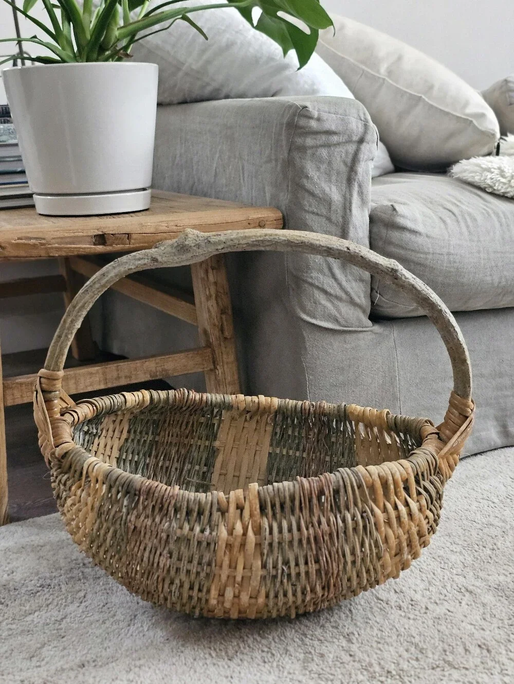 Vintage 1980s Gathering Butt Basket With Bentwood Handle